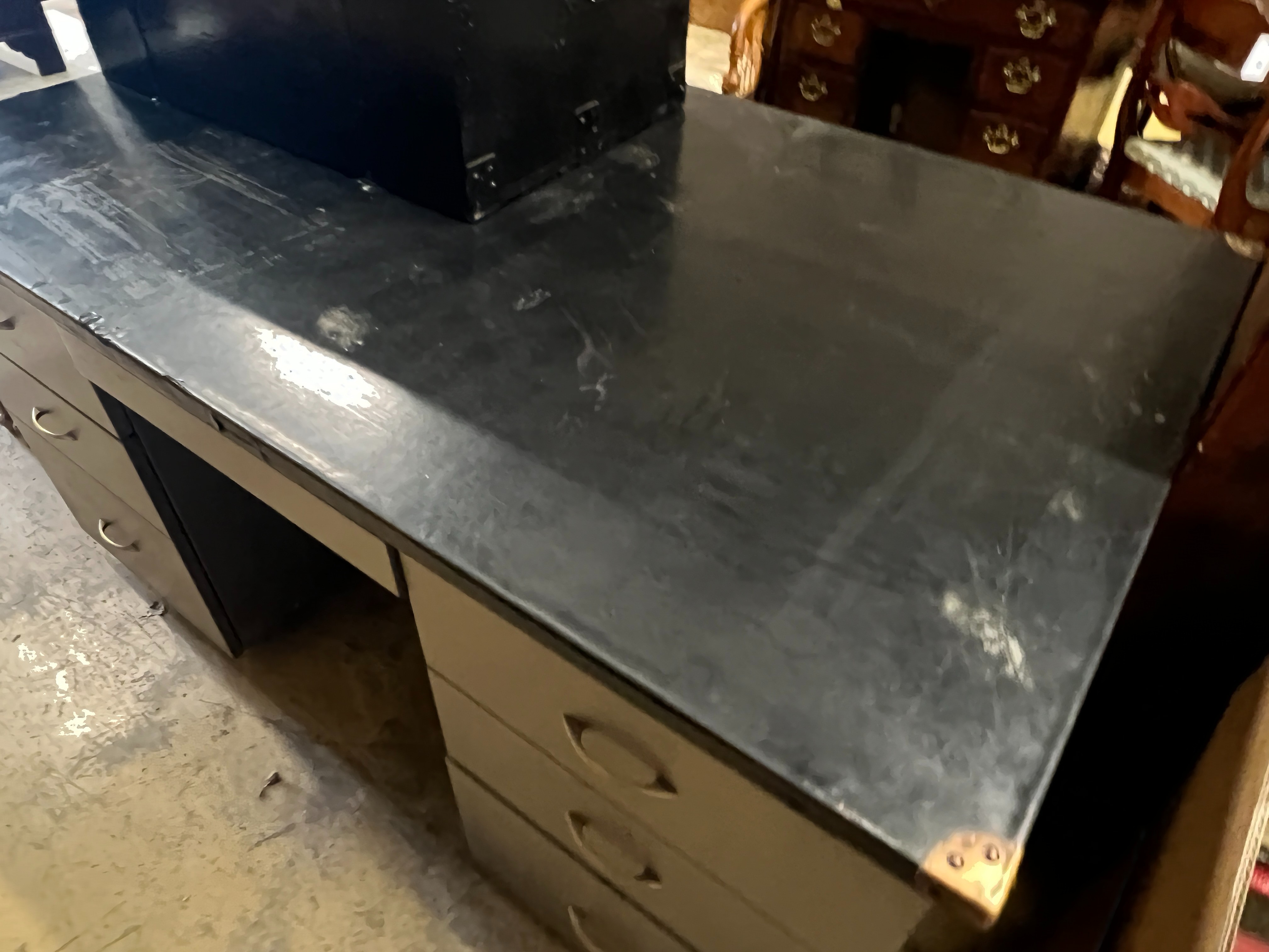 An industrial style grey metal kneehole desk, length 152cm, depth 91cm, height 78cm